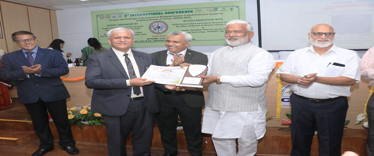 UAS, Dharwad Vice-Chancellor Dr. P.L.Patil being honoured with 'Life-Time Achievement Award' the Second international conference on 'Prospects & Challenges of Environment & Biological Sciences in Food Produuction System for Livehood Security of Farmers' held at ICAR, Island  Agricultural Research Institute at Port Blair.